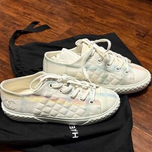 CHANEL White Iridescent Sneakers